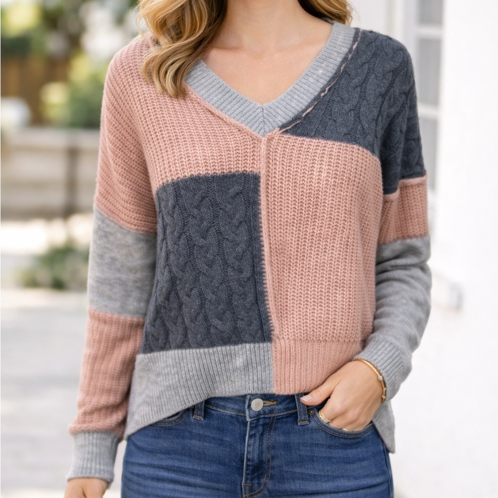 No Comment Pink Colorblock V Neck Sweater Large